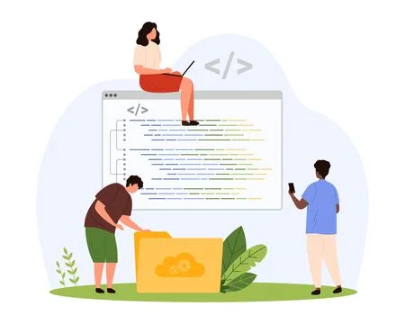 Development of software code and mobile app, tiny backend developers work, write Stock Illustration