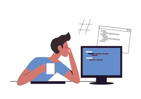 Development software engineer analyzing code with coffee mug Stock Illustration