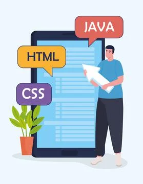 Development software with tablet and languages character Stock Illustration