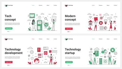 Development of startup with tech solutions, modern technology set and tiny Stock Illustration