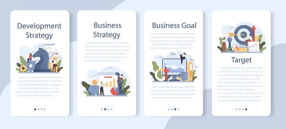 Development strategy mobile application banner set. Business planning. Stock Illustration