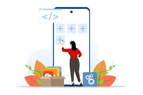 The development team develops mobile applications. Development and programming. Illustrazione stock