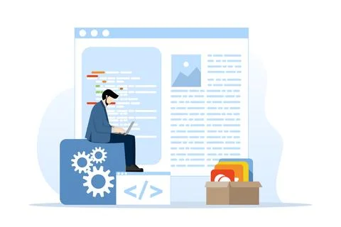 The development team develops mobile applications. Development and programming. Illustrazione stock