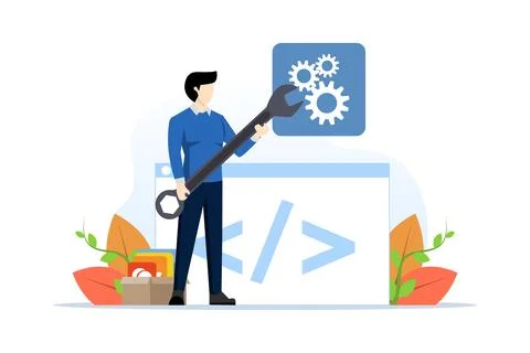 The development team develops mobile applications. Development and programming. Stockillustratie