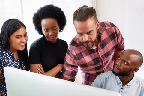 Development team reviews code, product owner, scrum master, developers in office Stock Photos