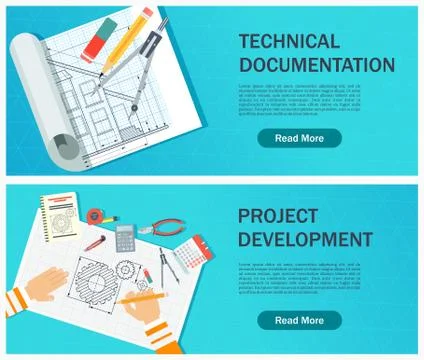 Development of technical documentation. Workplace of the designer. Stock Illustration