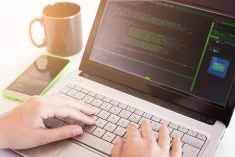 Development of web code programming an html script with laptop - Computer wit 库存照片