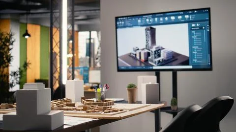 Development workspace with empty desks ready for property investment strategies Stock Photos