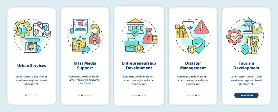Developmental activities onboarding mobile app screen Illustrazione stock