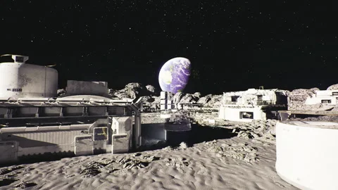 Developments begin with assembly robots working on fresh planetary surfaces Stock Footage 333991809
