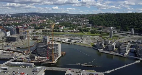Developping metropolis Oslo Norway Aerial waterfront Stock Footage