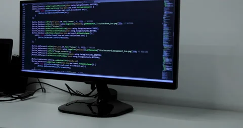 Develper writing sql code in monitor working from home Stock Footage 228577574