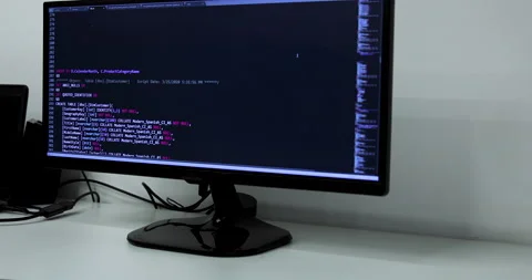 Develper writing sql code in monitor working from home Stock Footage 228578136