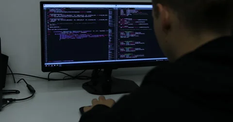 Develper writing sql code in monitor working from home Stock Footage 243623536