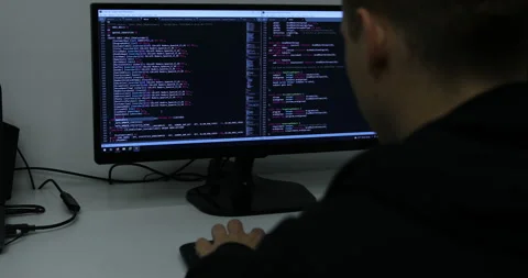 Develper writing sql code in monitor working from home Stock Footage 243623920