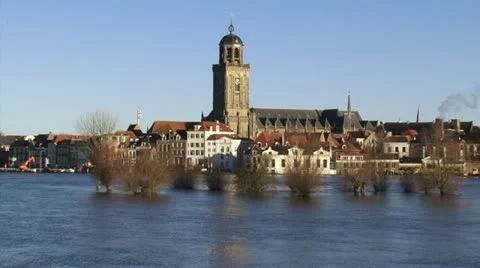 Deventer skyline - high water level in river IJssel, the Netherlands Stock Footage 21369835