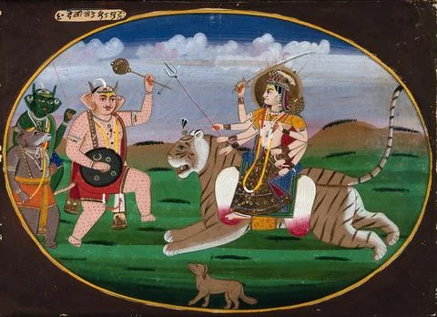 Devi Durga in her manifestation as Chamunda seated on a tiger prepares to b.. Stock-Illustration