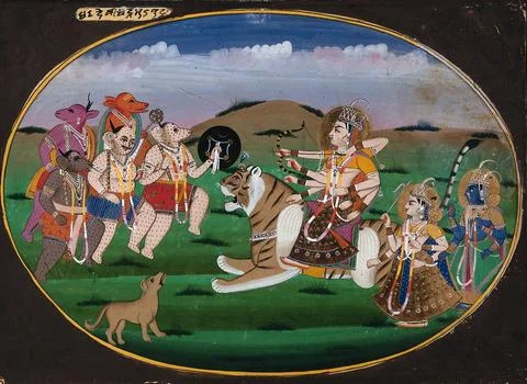 Devi Durga on a tiger draws her bow and arrow to battle the demons Chand an.. Stock Illustration