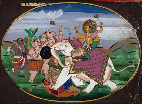 Devi riding on a white elephant tramples over two demons. Gouache painting .. Stock-Illustration