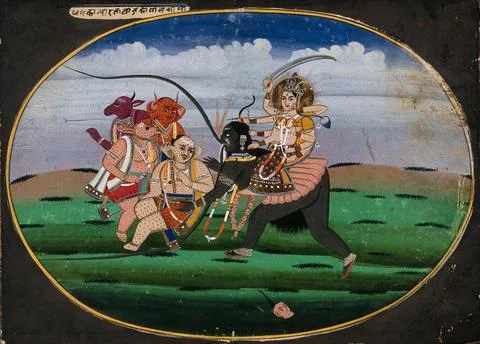 Devi seated on the goddess of death (?) as she collects the demons. Gouache.. Stock Illustration