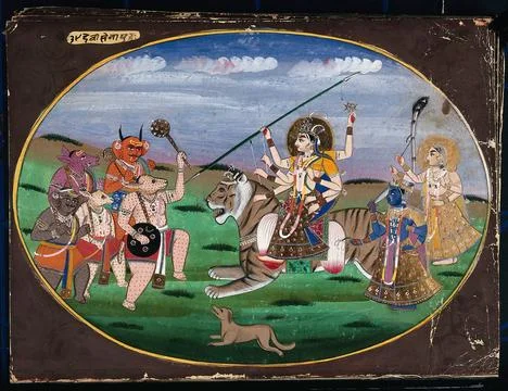Devi seated on a tiger, along with two other goddesses, prepares to battle .. Stock Illustration
