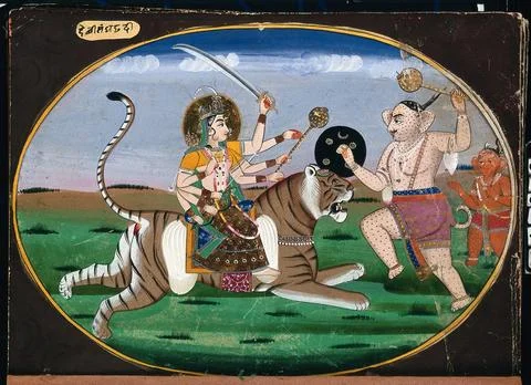 Devi seated on tiger prepares to battle a demon. Gouache painting by an Ind.. Stock Illustration