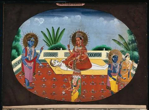 Devi sitting on top of a prostrate Shiva, with a manifestation of Shiva sta.. Stock Illustration