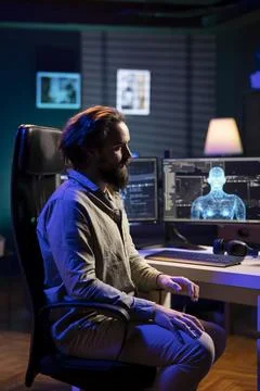 Deviant AI superintelligence enslaving computer scientist 스톡 사진