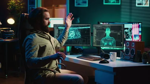 Deviant AI superintelligence enslaving its creator, posing risk to humanity Stock Footage 267047341