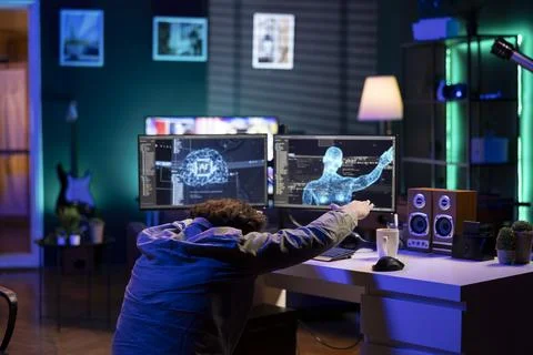 Deviant AI superintelligence enslaving its creator, controlling him Stock Photos