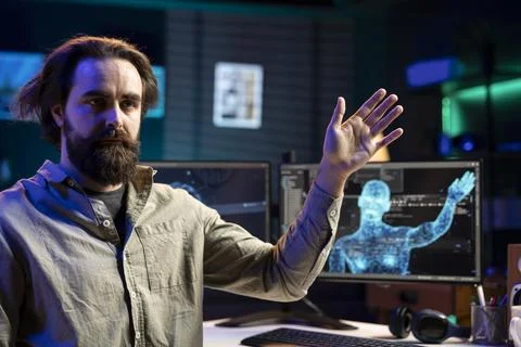 Deviant AI superintelligence enslaving its creator, controlling him Stock Photos