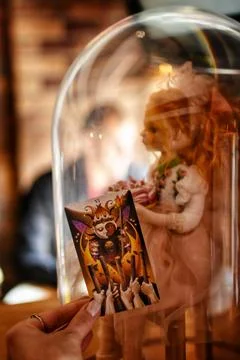 Deviant Moon Tarot Cards Spread in Hands Stock Photos