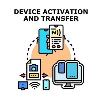 Device activation and data transfer between electronic gadgets Stock Illustration