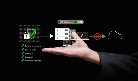 On-device AI system running offline with secure private processing, encrypt.. Foto stock