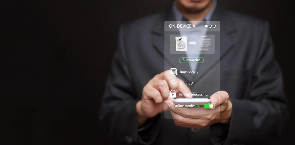On-device AI technology with secure offline summarization. Private data pro.. Foto stock