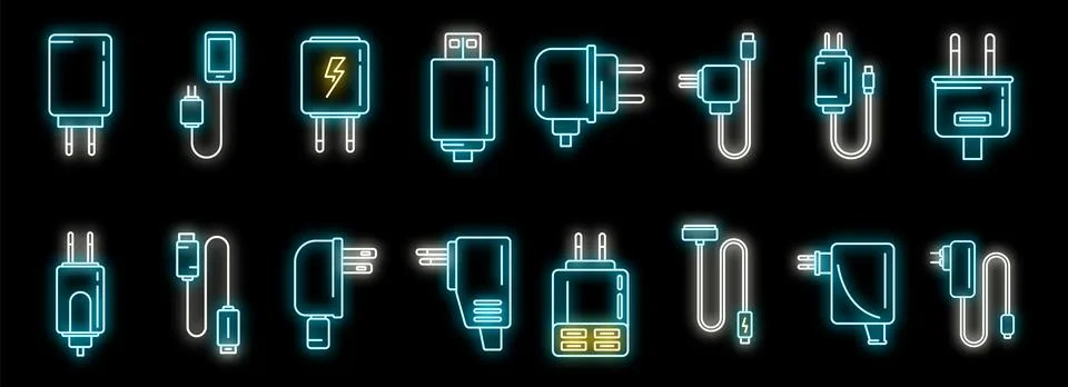 Device charger icons set vector neon Illustrazione stock
