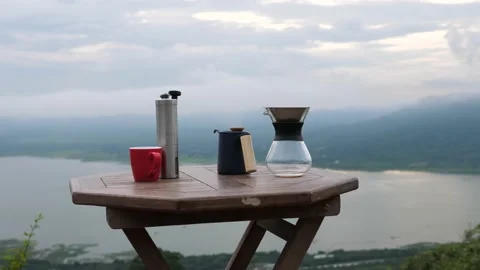 The device of drip coffee,drip coffee with a beautiful landscape background, Stock Footage 140761647