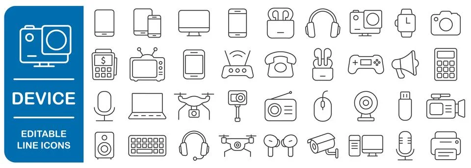 Device editable stroke line icon set. Electronic devices and gadgets icons Stock Illustration