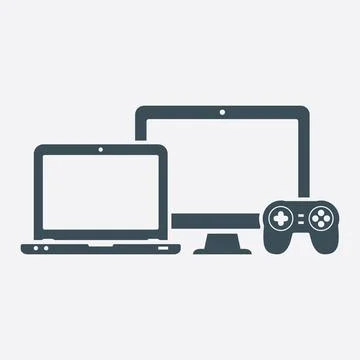 Device icons - desktop computer, laptop and joystick Stock Illustration