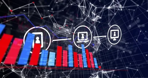 Device icons materializing and linking to bar chart, highlighting data flow for Stock Footage 334038309