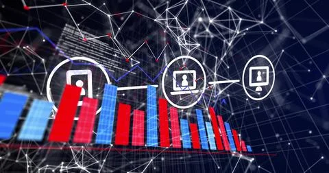 Device icons materializing and linking to bar chart, highlighting data flow for Stock Illustration