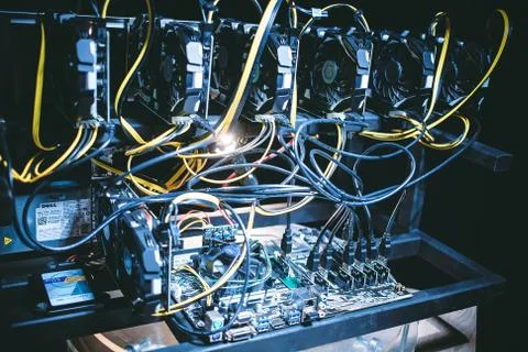 Device for mining crypto currency.Machines for mining cryptocurrency, bitcoin Stock Photos