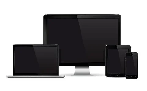 Device mockup template. Set of realistic computer monitor, laptop, mobile pho Illustrazione stock