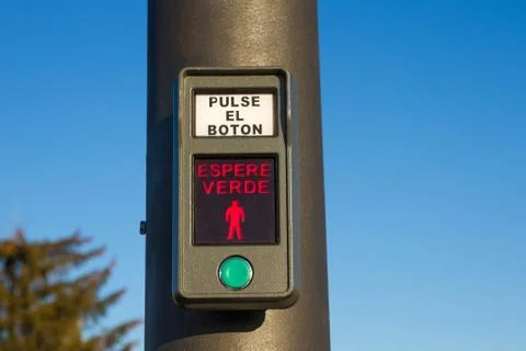 Device to press and wait for traffic light in green for pedestrian crossing Stock Photos