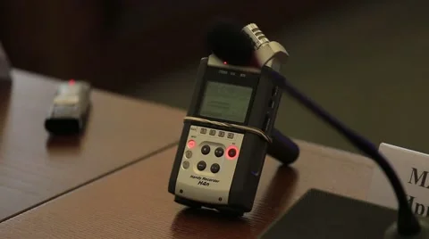 A device to record sound. The journalist writes a speech speaker. Stock Footage 68578581