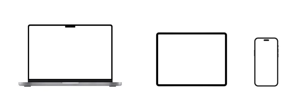 Device screen mockup. set of smartphone, tablet, laptop and monitor, blank sc Stock Illustration