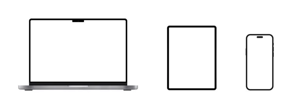 Device screen mockup. set of smartphone, tablet, laptop and monitor, blank sc Stock Illustration