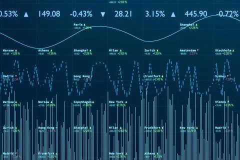  Device screen with stock market data, lines, chart, bar graph. Stock mark... Foto stock