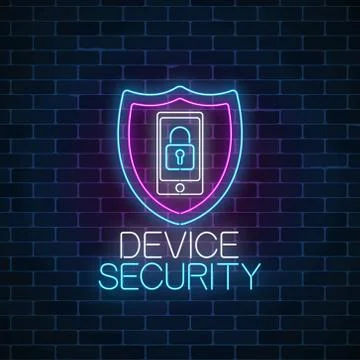 Device secure glowing neon sign. Cyber security symbol with shield and mobile Illustrazione stock