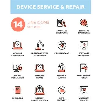 Device service repair - modern vector single line icons set Stock Illustration